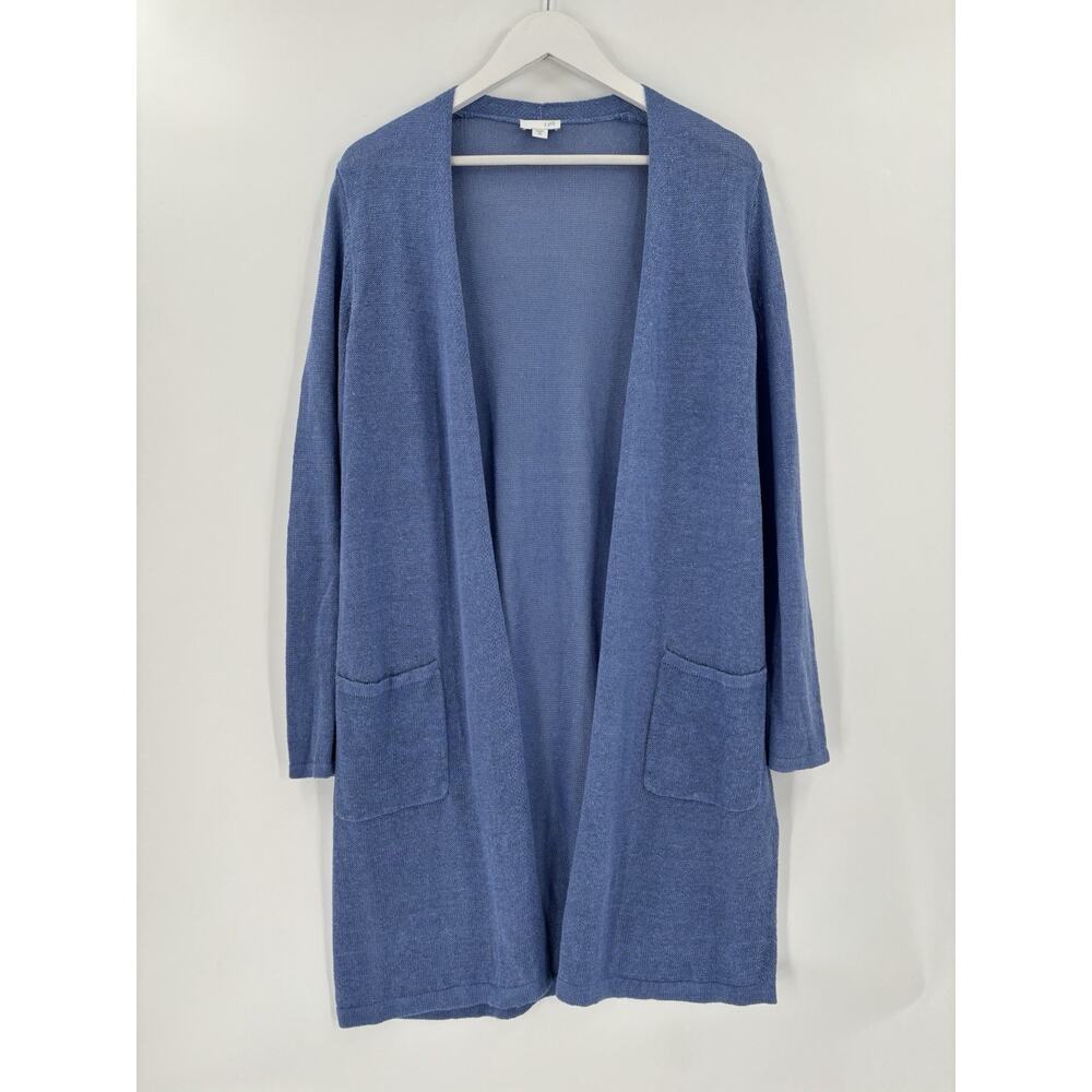 J. Jill Cardigan Sweater Womens Medium Tall Blue Open Knit Patch Pockets Linen